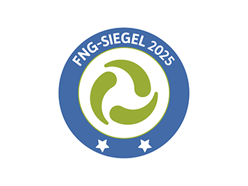 blauer Rank mit zwei Sternen und der Aufschrift FNG Siegel 2025